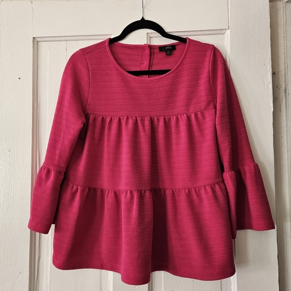 J. Crew Women's Bright Pink Tiered Bell Sleeve Babydoll Top Size Small, Textured - Picture 1 of 8